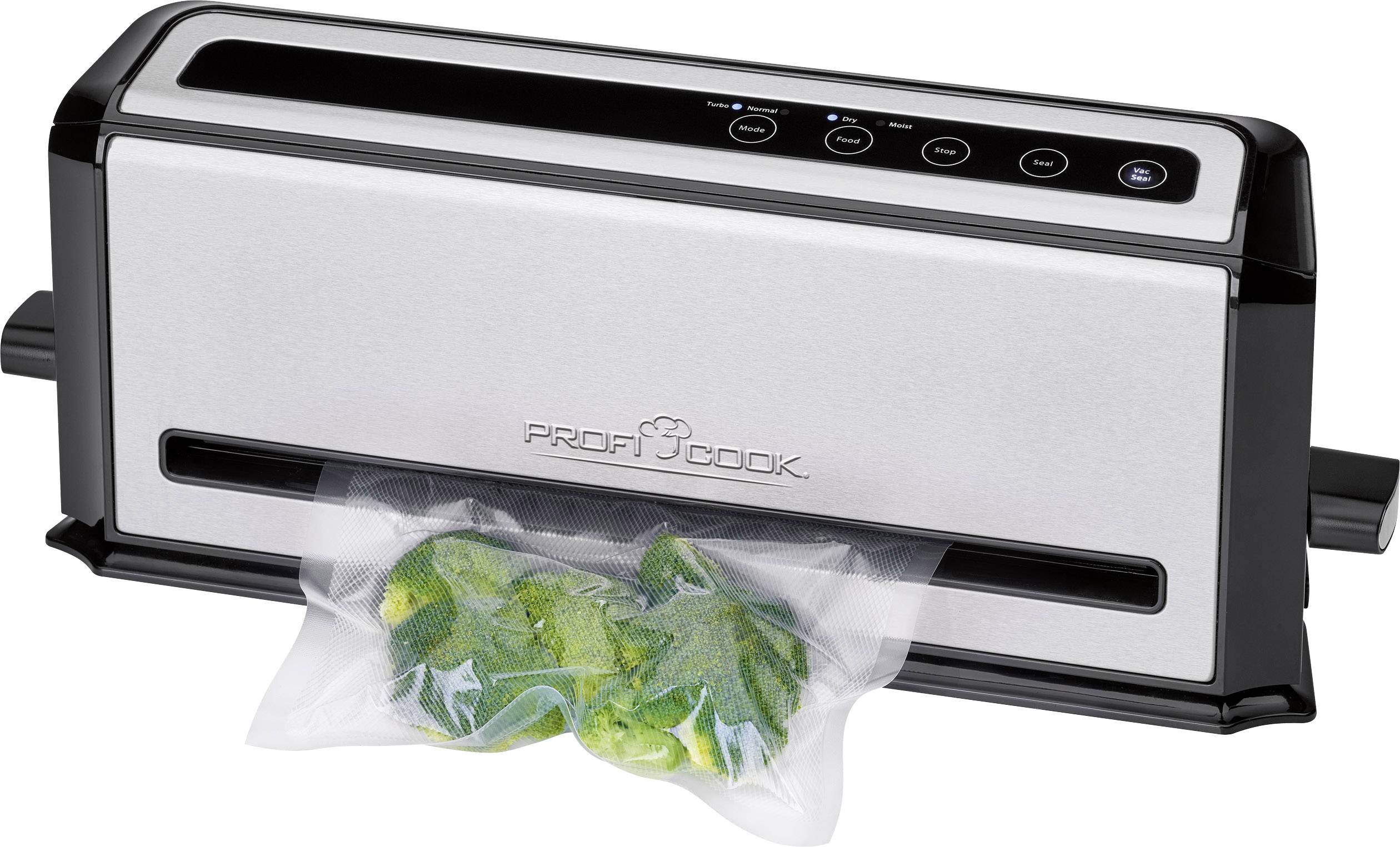 Vakuumiergerät versiegelt eine transparente Tüte mit Brokkoli. Die Marke 'ProfiCook' ist auf dem Gerät zu sehen.