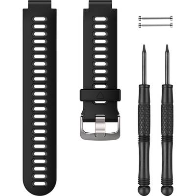 Schwarzes Ersatzarmband für eine Uhr, inklusive zwei Schraubendreher und Stifte zur Befestigung, auf weißem Hintergrund.