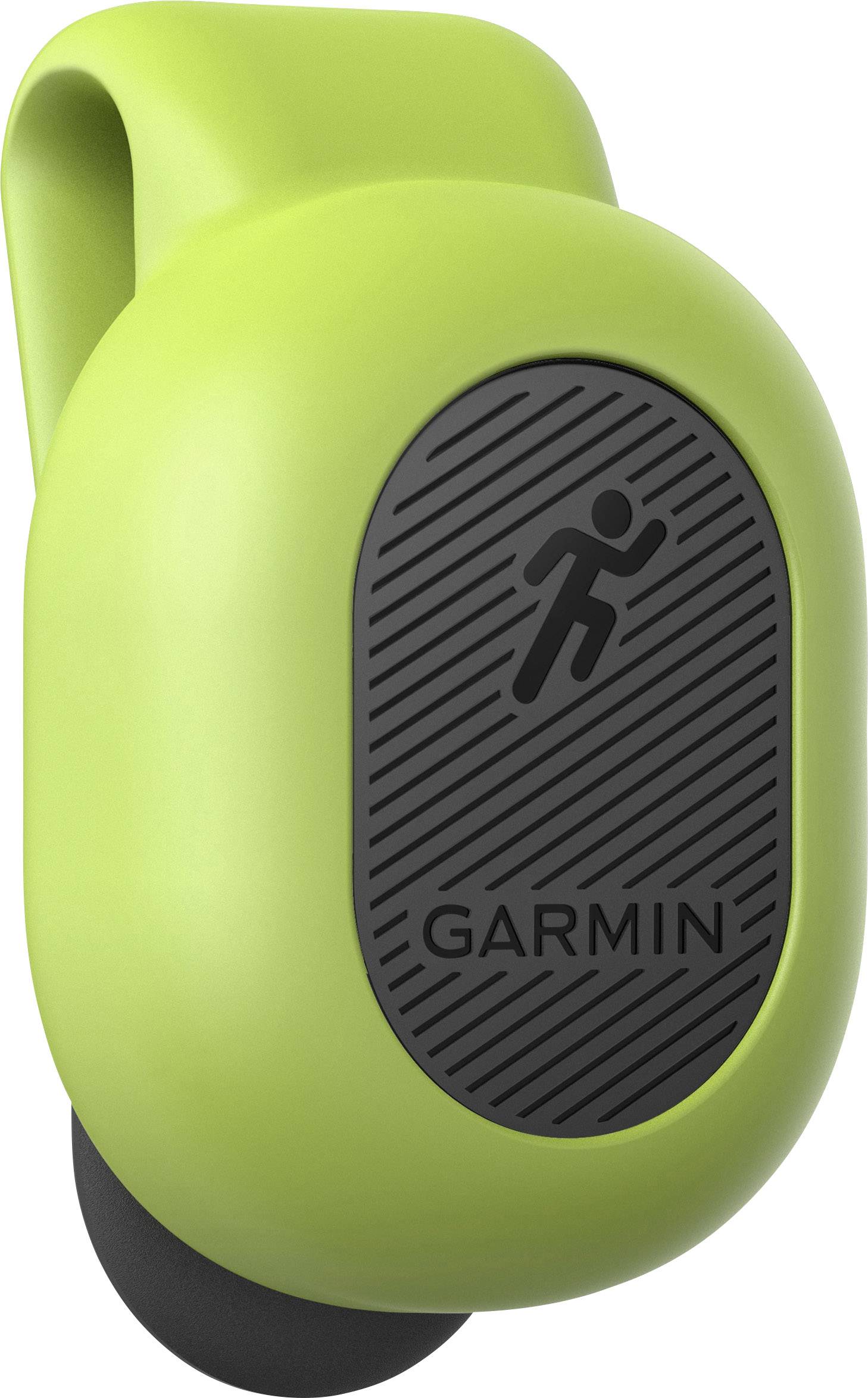 Ein grünes Garmin-Lauf-Tracker-Gerät mit einem schwarzen Symbol eines laufenden Männchens und dem Schriftzug 'GARMIN'.