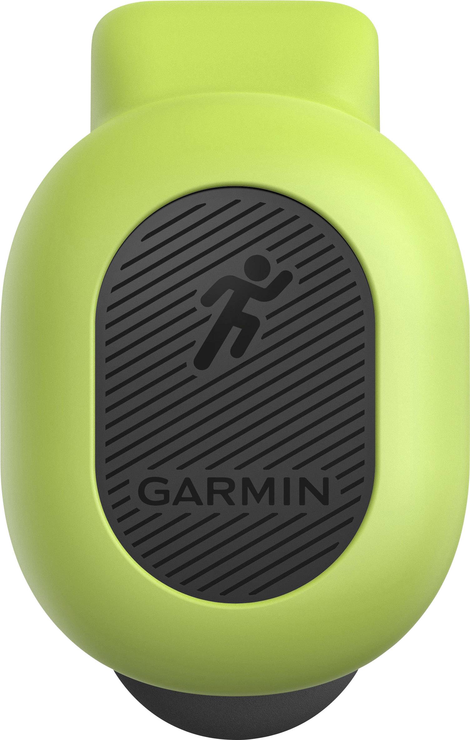 Ein kleines, grünes Garmin-Gerät mit einem Piktogramm einer laufenden Person und dem Markennamen, vermutlich ein Fitness-Tracker.