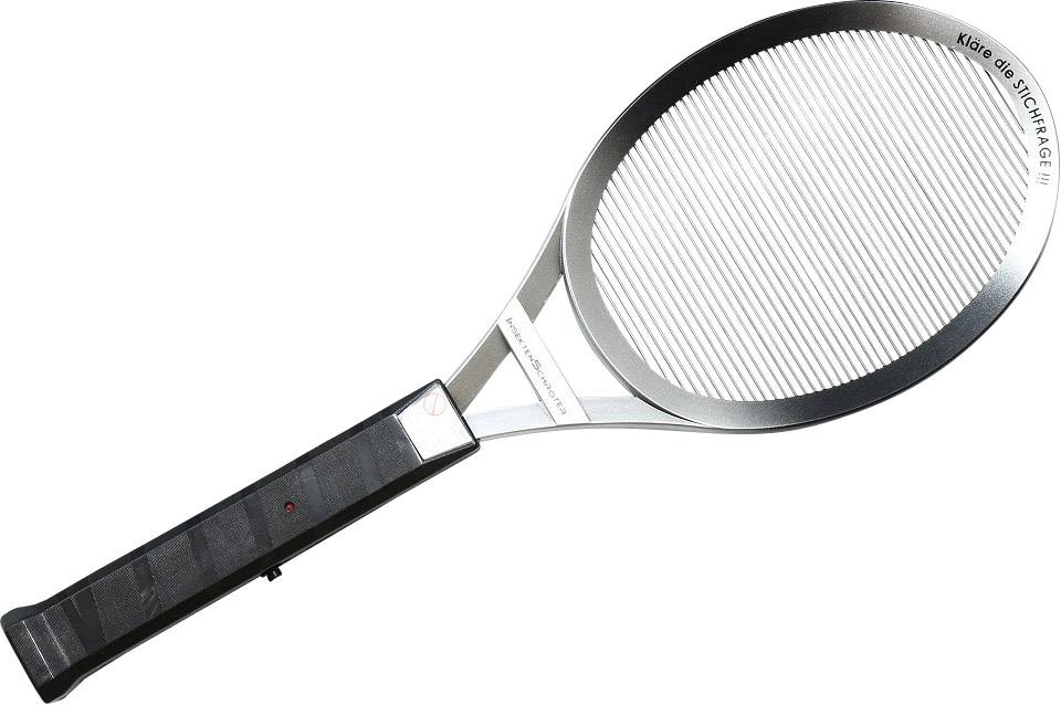 Elektrische Fliegenklatsche mit schwarzem Griff und einem Metzgitter im ovalen Rahmen, zur Insektenbekämpfung im Haushalt.