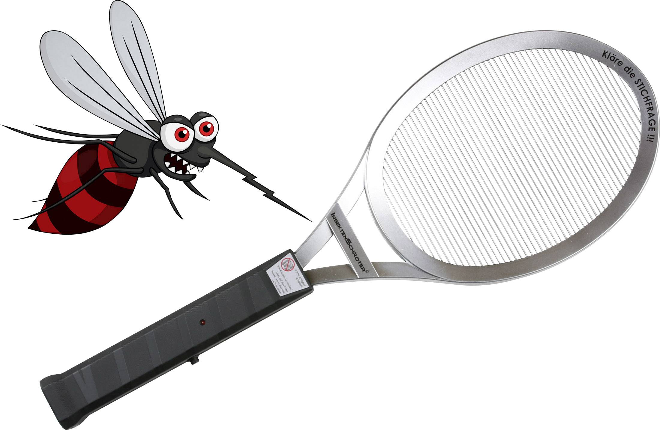 Elektrische Fliegenklatsche und karikaturhafte Mücke mit bösem Gesichtsausdruck.