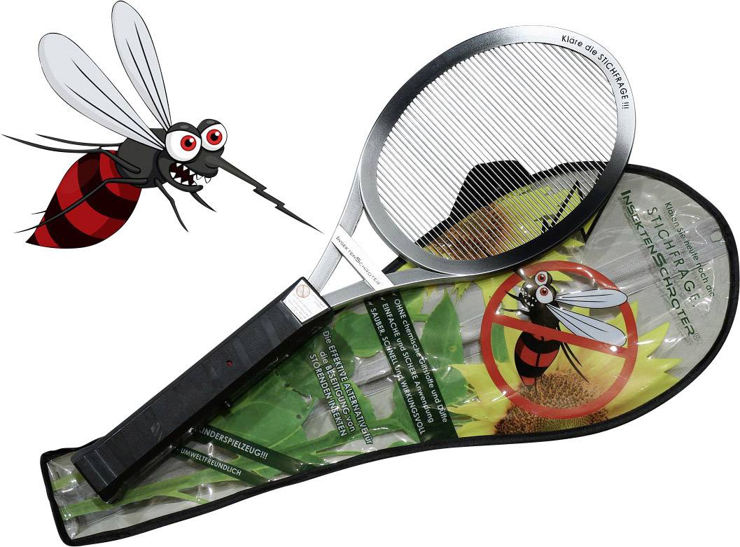 Elektrische Fliegenklatsche mit Abbildung einer Mücke, die von einem elektrischen Blitz getroffen wird. Verpackung zeigt Produktwerbung.