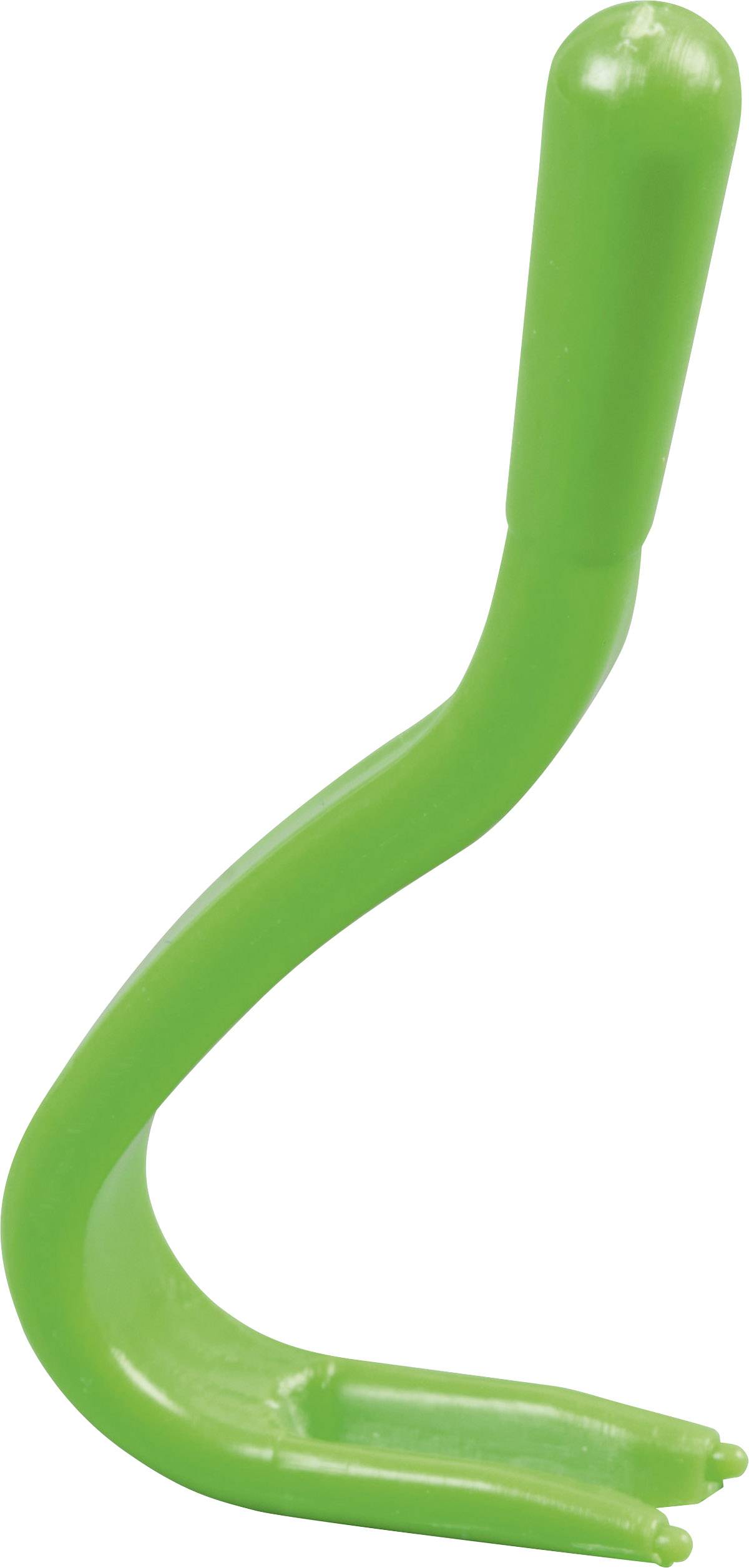 Grüner Haken zum Aufhängen von Gegenständen; gebogene Form. Hauptsächlich in Haushalten oder Werkstätten zum Befestigen verwendet.