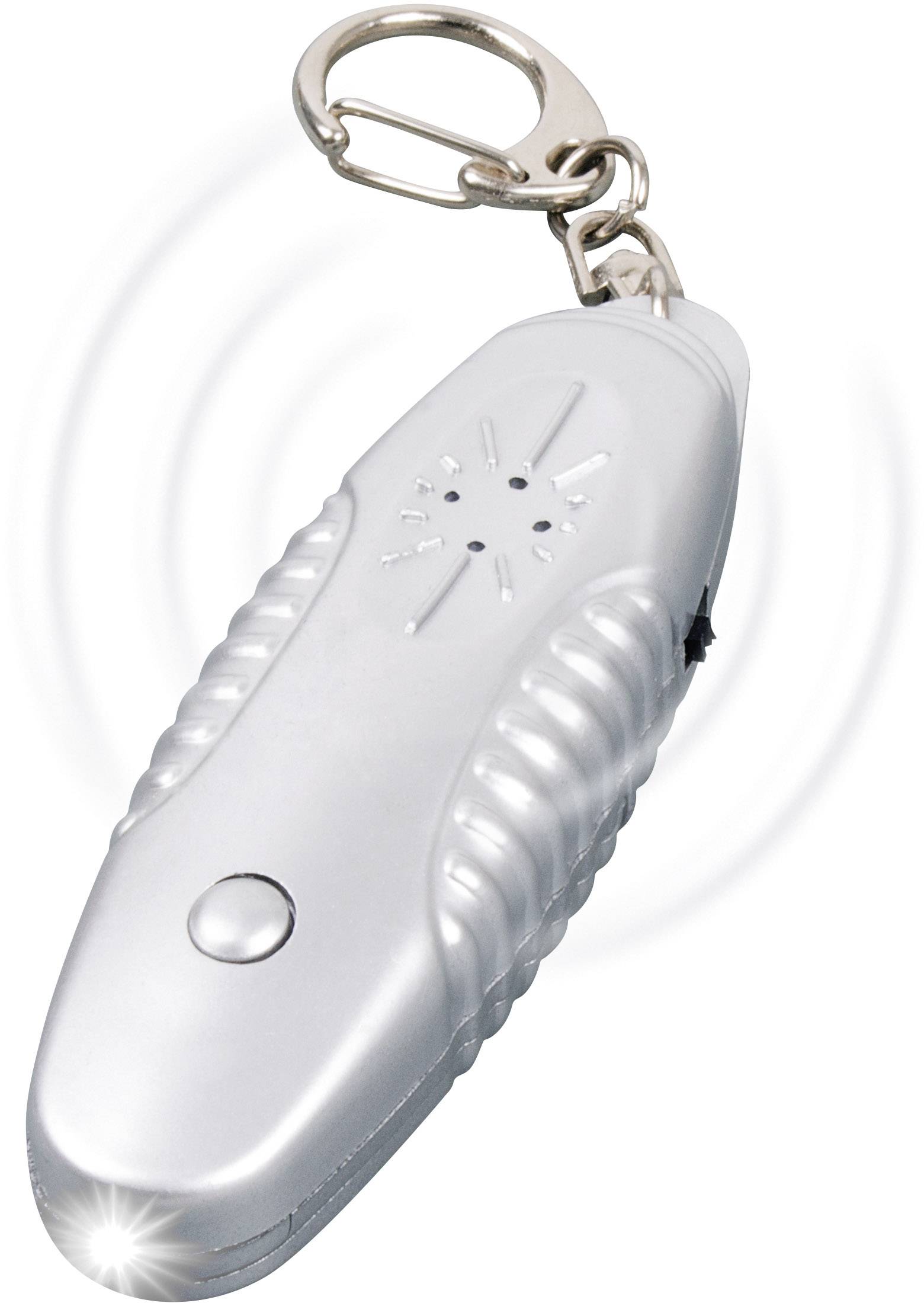 Ein silberner Personal Alarm mit Schlüsselanhänger und LED-Licht. Designed für Sicherheit und einfache Mitnahme.