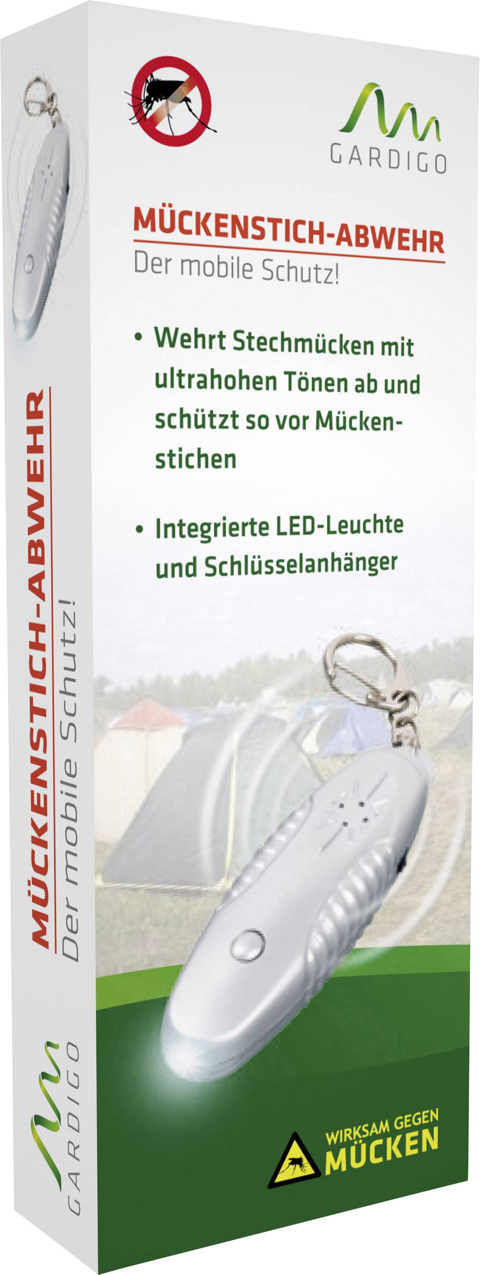 'Gardigo Mückenstich-Abwehr' Verpackung. Gerät mit Ultraschall zur Mückenabwehr, integriertem LED-Licht und Schlüsselanhänger.