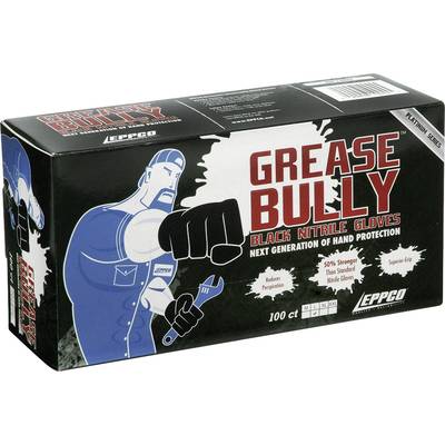 Eine Box mit 'Grease Bully'-Handschuhen, schwarze Nitrilhandschuhe. Illustration eines Mannes mit Schraubenschlüssel und erhobenem Arm.