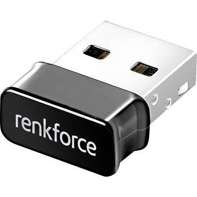USB-WLAN-Stick von Renkforce. Kompaktes Design, schwarz mit silbernem Stecker. Geeignet für kabellose Netzwerkverbindungen.