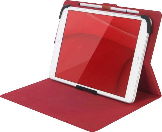 Ein Tablet in einer roten Schutzhülle mit integriertem Stifthalter, auf einem Tisch aufgestellt.