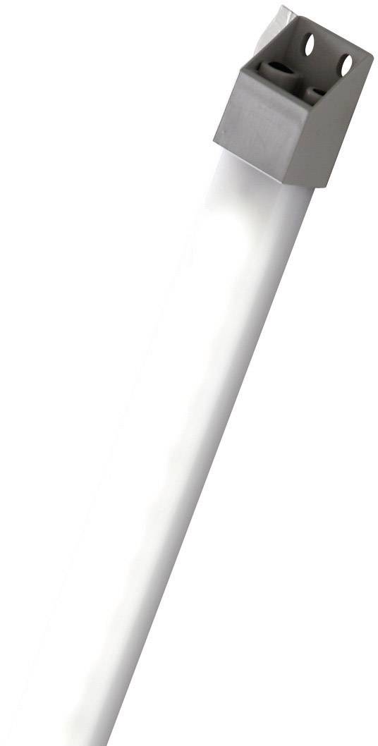 Weiße LED-Leuchte in gerader Form, diagonale Ansicht, mit grauer Halterung an einem Ende.