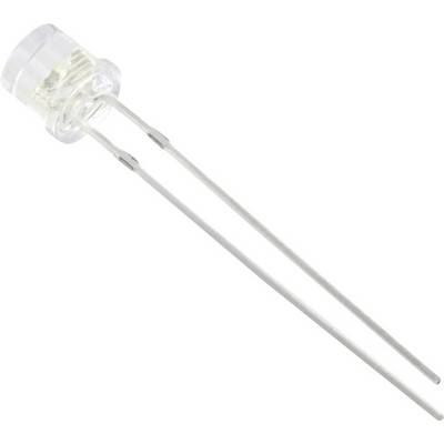 Eine einzelne durchsichtige Leuchtdiode (LED) mit zwei langen Metallanschlüssen, liegend vor einem weißen Hintergrund.