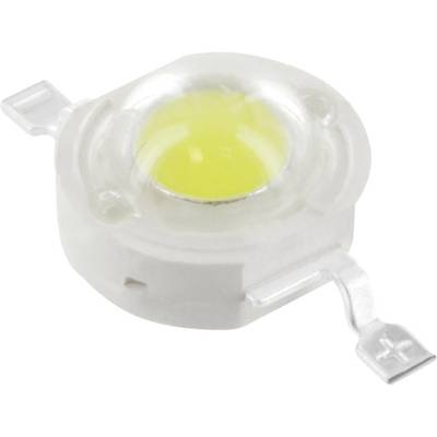Eine weiße LED mit gelbem Leuchtmittel in der Mitte und zwei Metallkontakten auf beiden Seiten, verwendet für Beleuchtungszwecke.