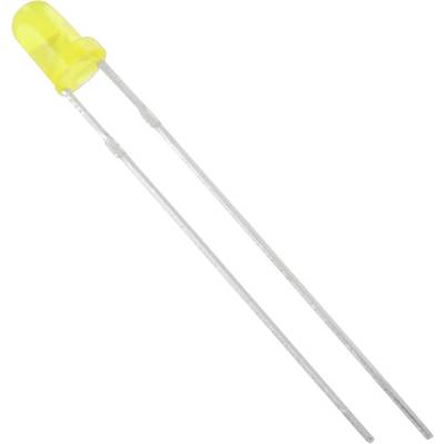 Eine gelbe Leuchtdiode (LED) mit zwei langen, silbernen Anschlussdrähten, die zur Stromversorgung dienen.