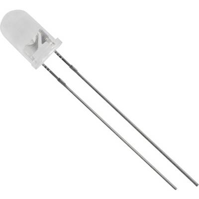 Eine LED mit transparentem Gehäuse und zwei langen Anschlussdrähten auf weißem Hintergrund.