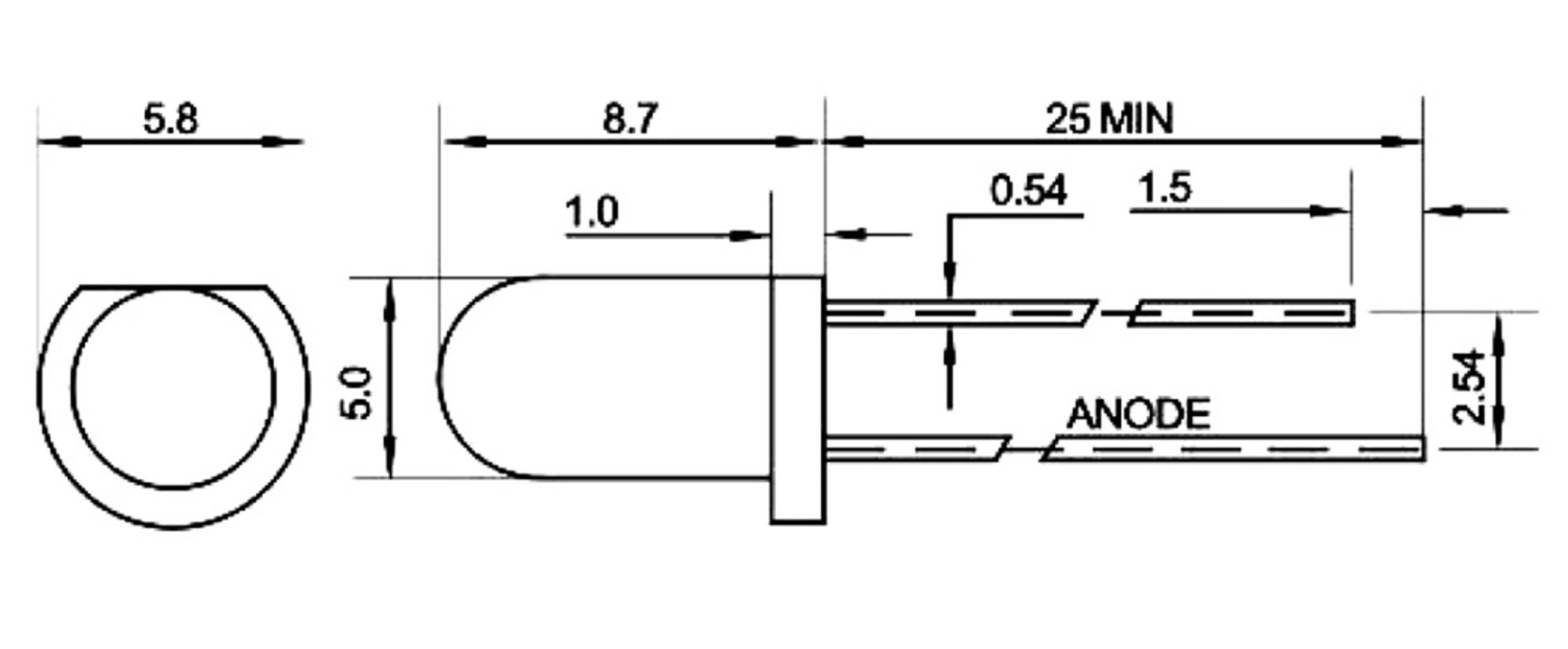 Technische Zeichnung einer LED. Zeigt Seitenansicht mit Maßen: Durchmesser 5,8 mm, Höhe 8,7 mm, Anode markiert.