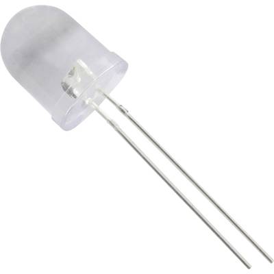 Eine leuchtende LED-Diode mit transparentem Gehäuse, zwei Metallpins für die Verbindung mit Stromkreisen.