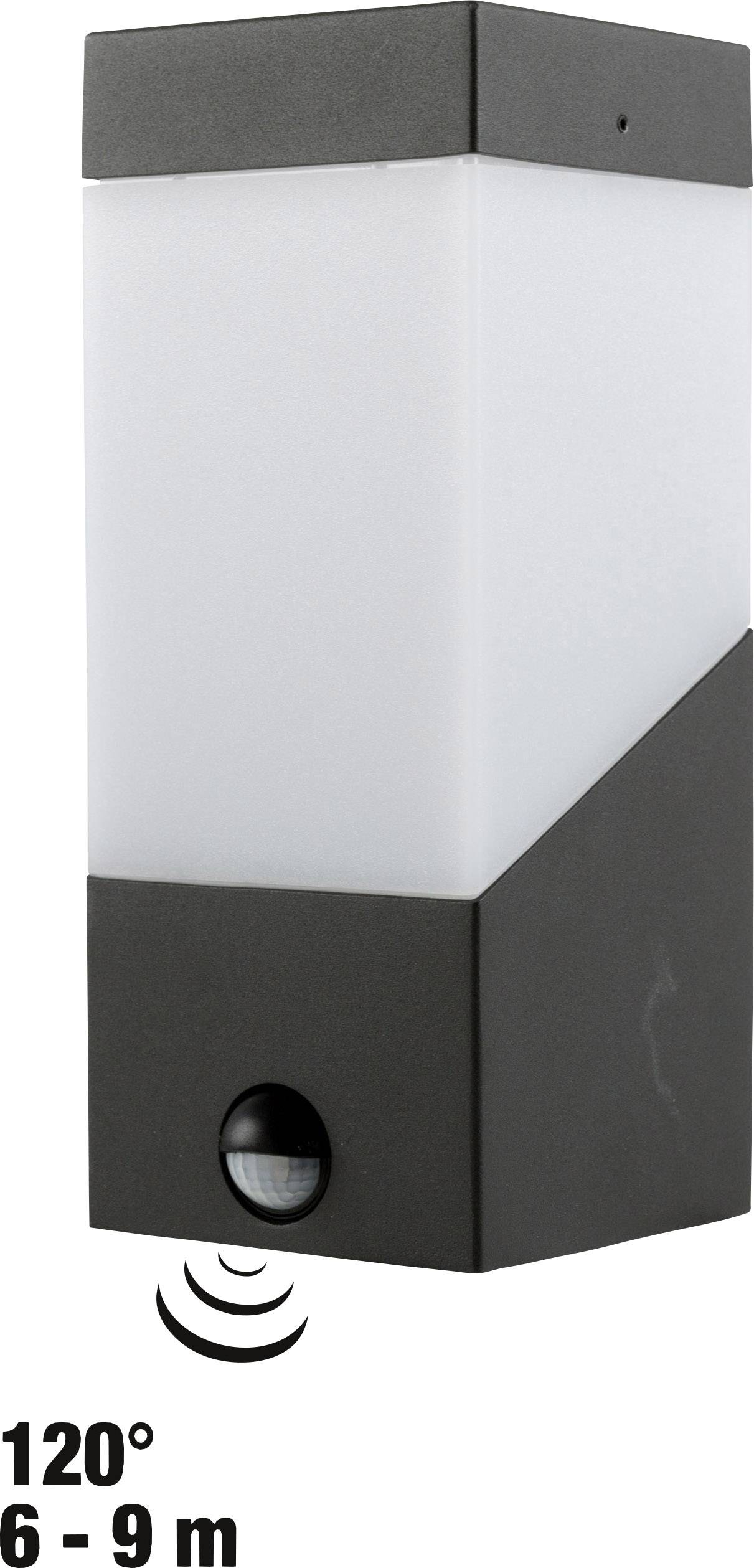 Außenleuchte mit Bewegungsmelder. Erfasst Winkel von 120 Grad, Reichweite 6-9 m. Gehäuse in Schwarz und Weiß.