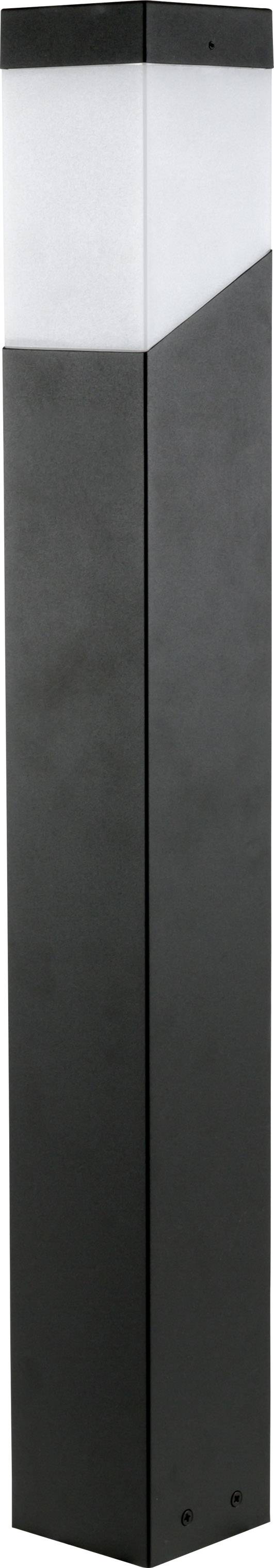 Schwarze, quadratische Stehleuchte mit weißem, mattem Glasaufsatz.