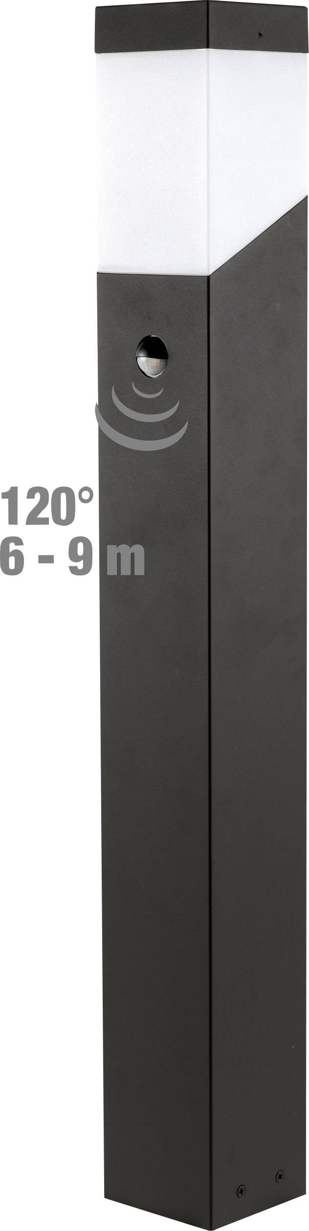 Schwarze Außenlampe mit Bewegungsmelder. Reichweite 6-9 m, Erfassungswinkel 120 Grad. Modernes, schlankes Design mit quadratischer Form.