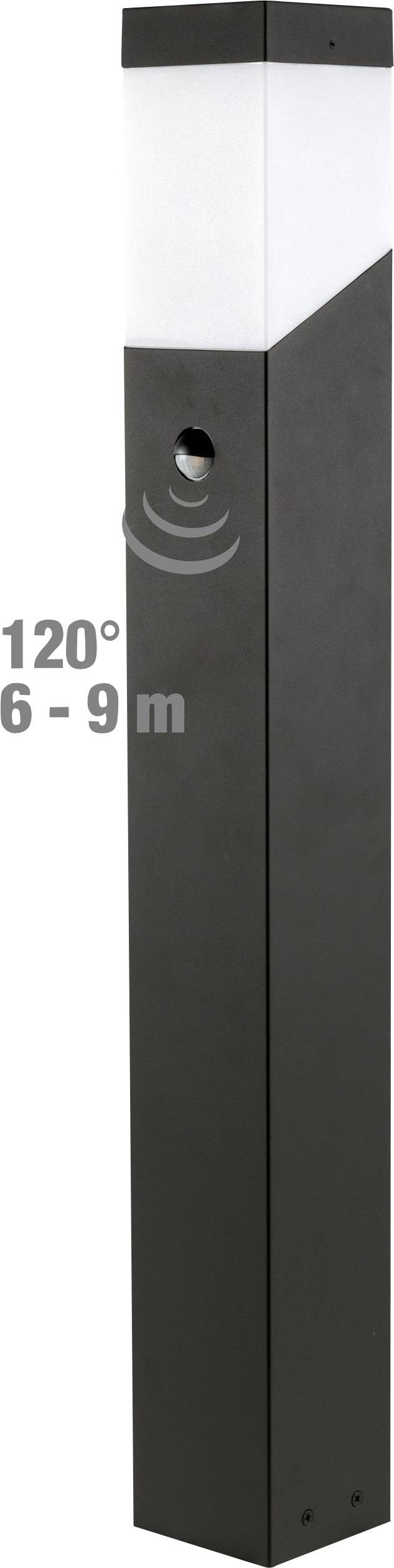 Schwarze Standleuchte mit integriertem Bewegungssensor, Erfassungswinkel 120 Grad, Reichweite 6-9 Meter, modernes Design.