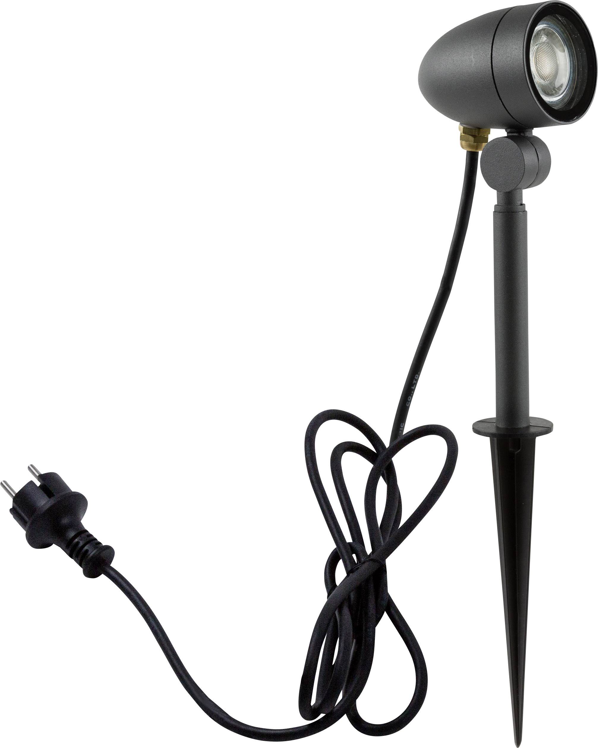 Schwarzer LED-Gartenstrahler mit Erdspieß und Netzkabel, ideal zur Beleuchtung von Pflanzen oder Wegen im Außenbereich.