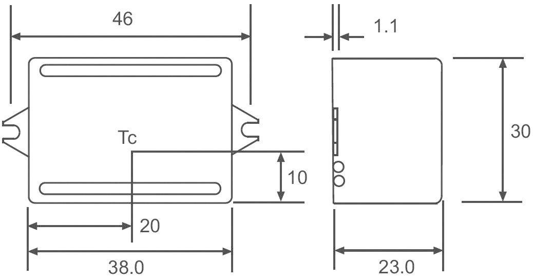 Technische Zeichnung eines rechteckigen Bauteils mit Maßen: 46x30mm, Tiefe 23mm. Weitere Markierungen für Montagepunkte und Abstände.