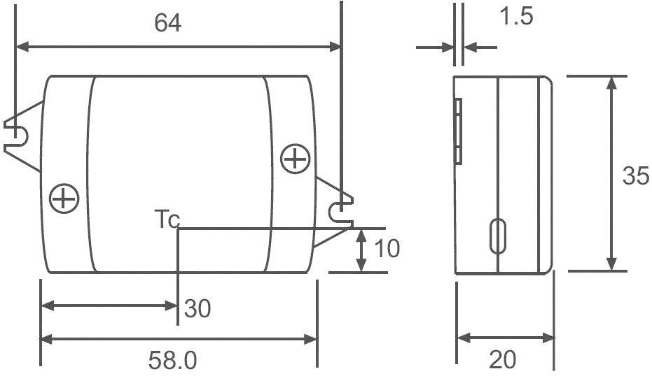 Technische Zeichnung eines rechteckigen Gehäuses mit den Maßen: Länge 64 mm, Höhe 35 mm, Breite 20 mm. Lochabstände 58 mm.