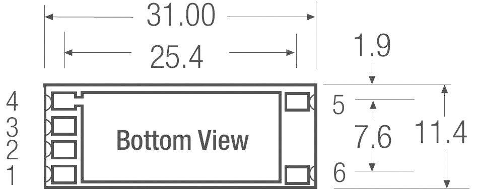 'Bottom View'. Technische Zeichnung eines rechteckigen Bauteils mit Maßangaben: Länge 31, Breite 25,4, Höhe 1,9; Detailmaße 7,6 und 11,4.