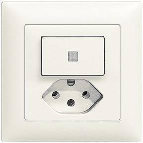 Eine beige Steckdose mit einem integrierten Schalter darüber, montiert an einer Wand.