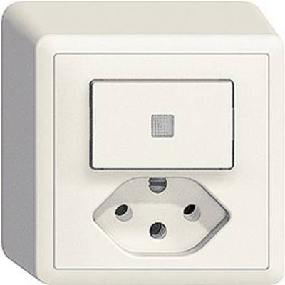Ein weißer Lichtschalter mit integrierter Steckdose, montiert an einer Wand. Der Schalter hat eine kleine quadratische Kontrollleuchte.