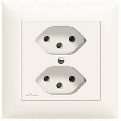 Zweifach-Steckdose in einer weißen Wandplatte, geeignet für europäische Stecker mit zwei abgerundeten Löchern für den Stromanschluss.