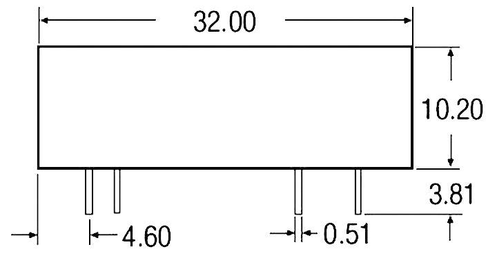 Technische Zeichnung eines Bauteils mit Maßen: Länge 32,00 mm, Höhe 10,20 mm. Bein-Abstände horizontal 4,60 mm und 0,51 mm, Vertikale Beinlänge 3,81 mm.