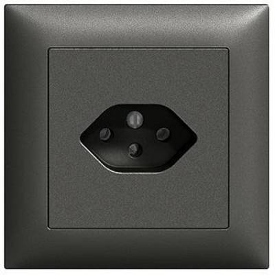 'Dreifachsteckdose in dunkler Blende, geeignet für Schukostecker. Moderne, platzsparende Bauweise für Wandmontage.'