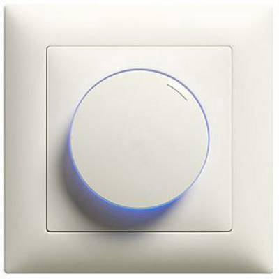 Ein weißer Wandschalter mit einem runden, blauen LED-Leuchtring in der Mitte, zur Steuerung von Lichtintensität oder Lautstärke.