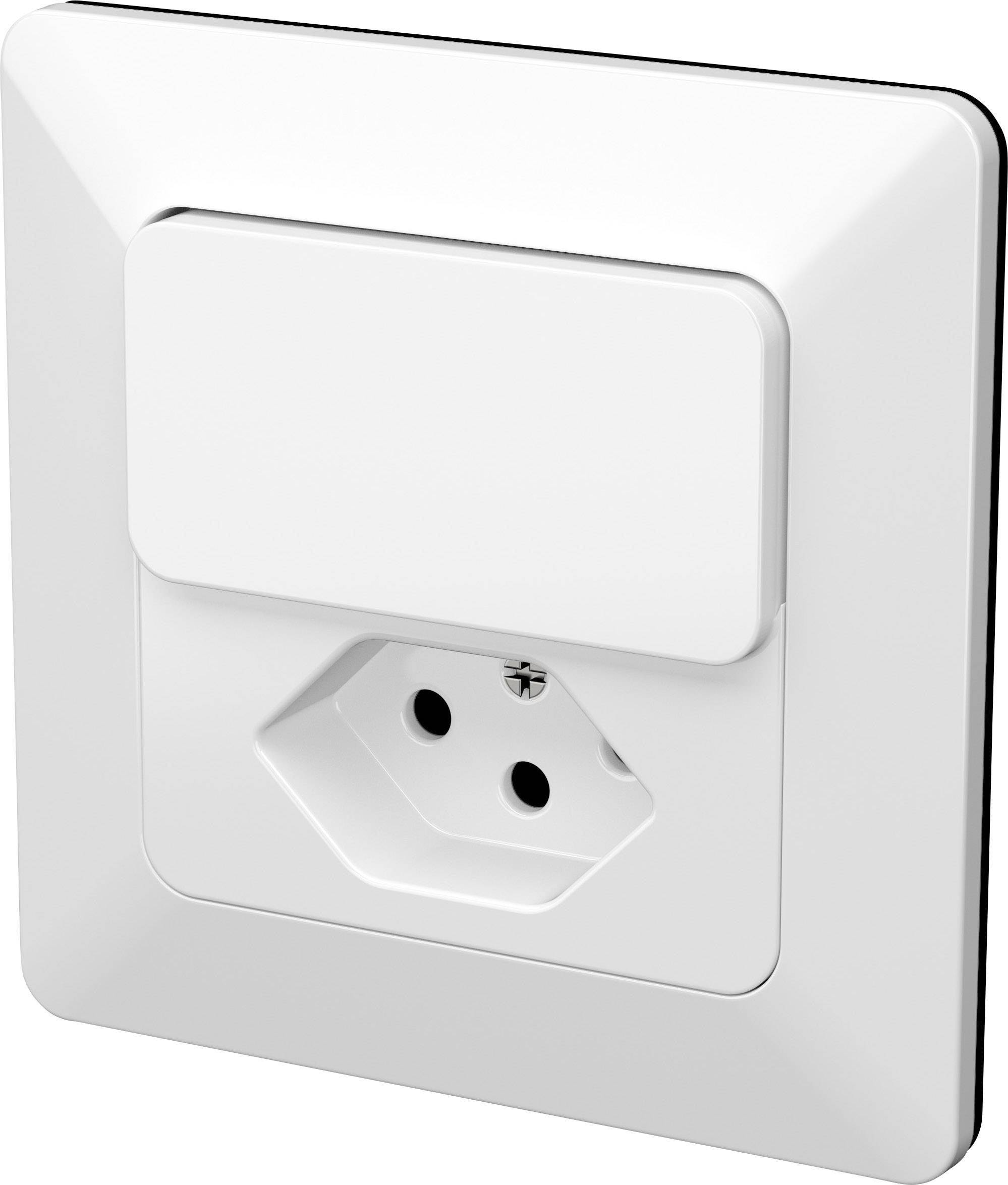 Weißer Wandsteckdosenadapter mit Kindersicherungsklappe.