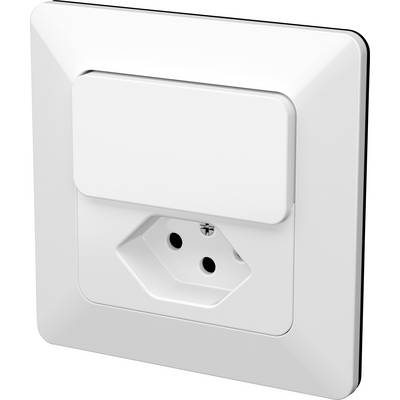 Weißer Wandsteckdosenadapter mit Kindersicherungsklappe.