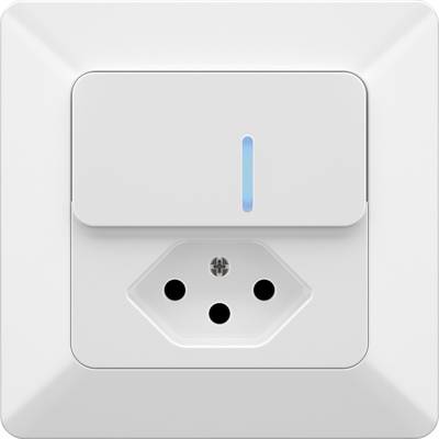 Ein weißer Lichtschalter mit Steckdose darunter, blaue LED-Anzeige auf dem Schalter, rechteckiges Design, modernes Erscheinungsbild.
