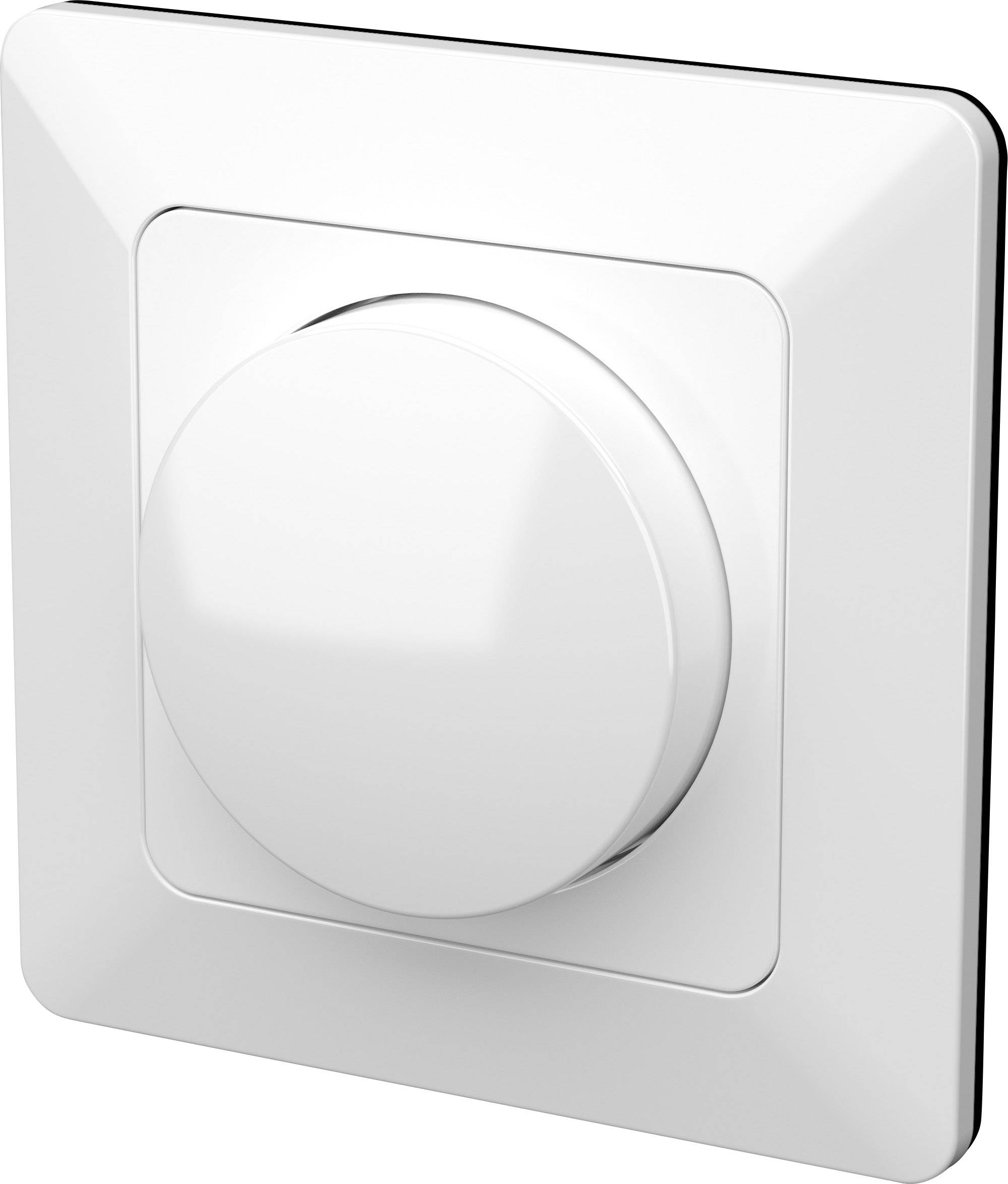 Ein weißer Drehdimmer auf einer quadratischen Platte, der zur Regelung der Lichtintensität in einem Raum verwendet wird.