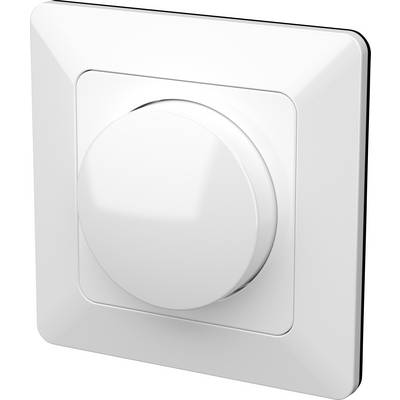 Ein weißer Drehdimmer auf einer quadratischen Platte, der zur Regelung der Lichtintensität in einem Raum verwendet wird.