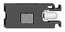 Schwarzer Plastikclip mit integriertem weißen Stecker, verwendet für elektronische Verbindungen in technischen Geräten.