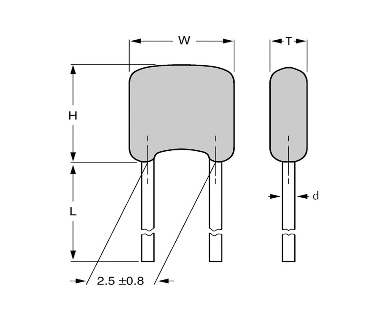 Technische Zeichnung eines elektrischen Bauteils mit markierten Maßen: Höhe (H), Breite (W), Länge (L), Dicke (T), und Abstand (d).