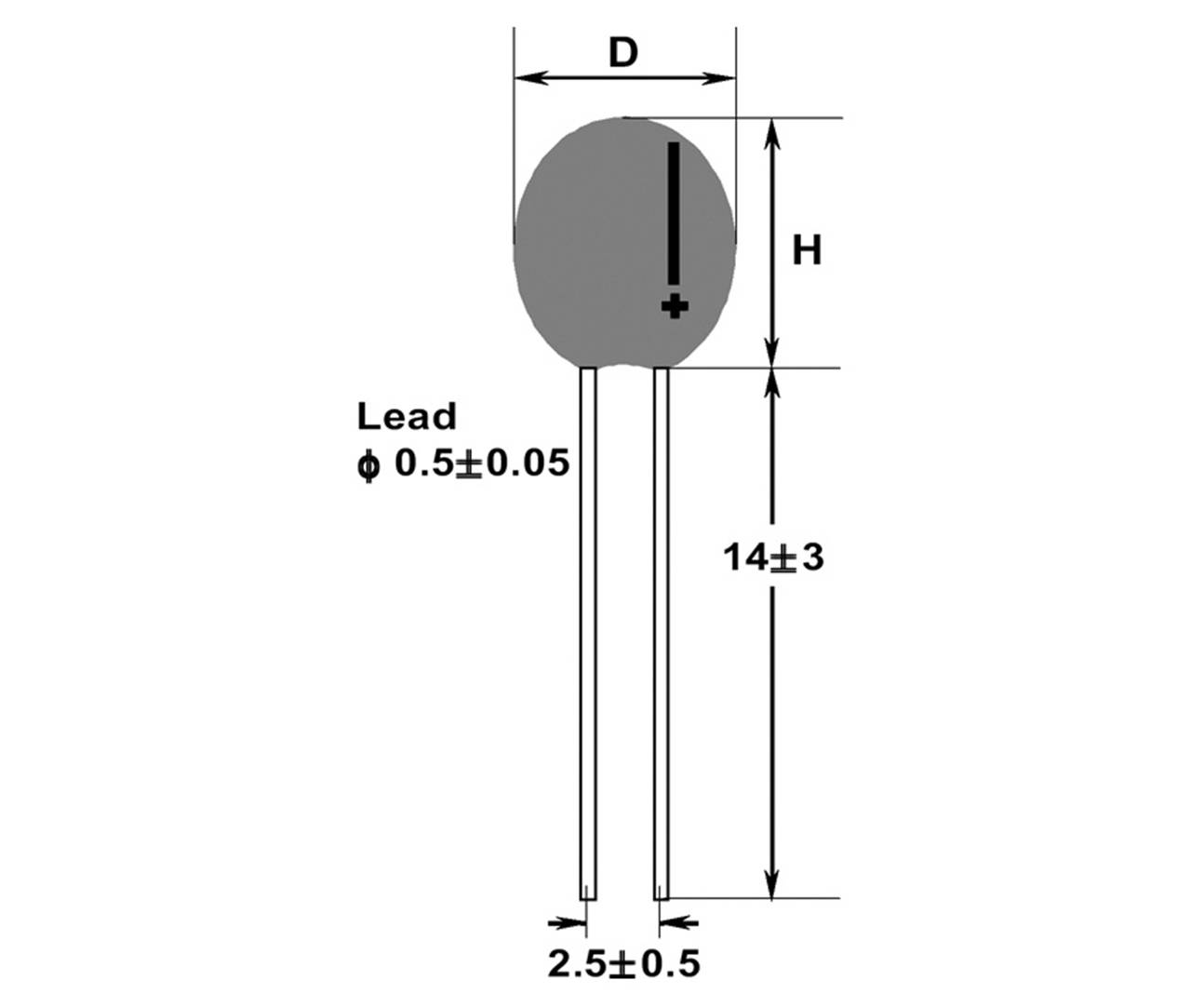 Diagramm eines zylindrischen Elektrolytkondensators mit Markierungen für positive und negative Anschlüsse. Maße: Durchmesser 'D', Höhe 'H', Anschlussdurchmesser 0,5 mm ±0,05, Abstand 2,5 mm ±0,5, Höhe der Anschlüsse 14 mm ±3.
