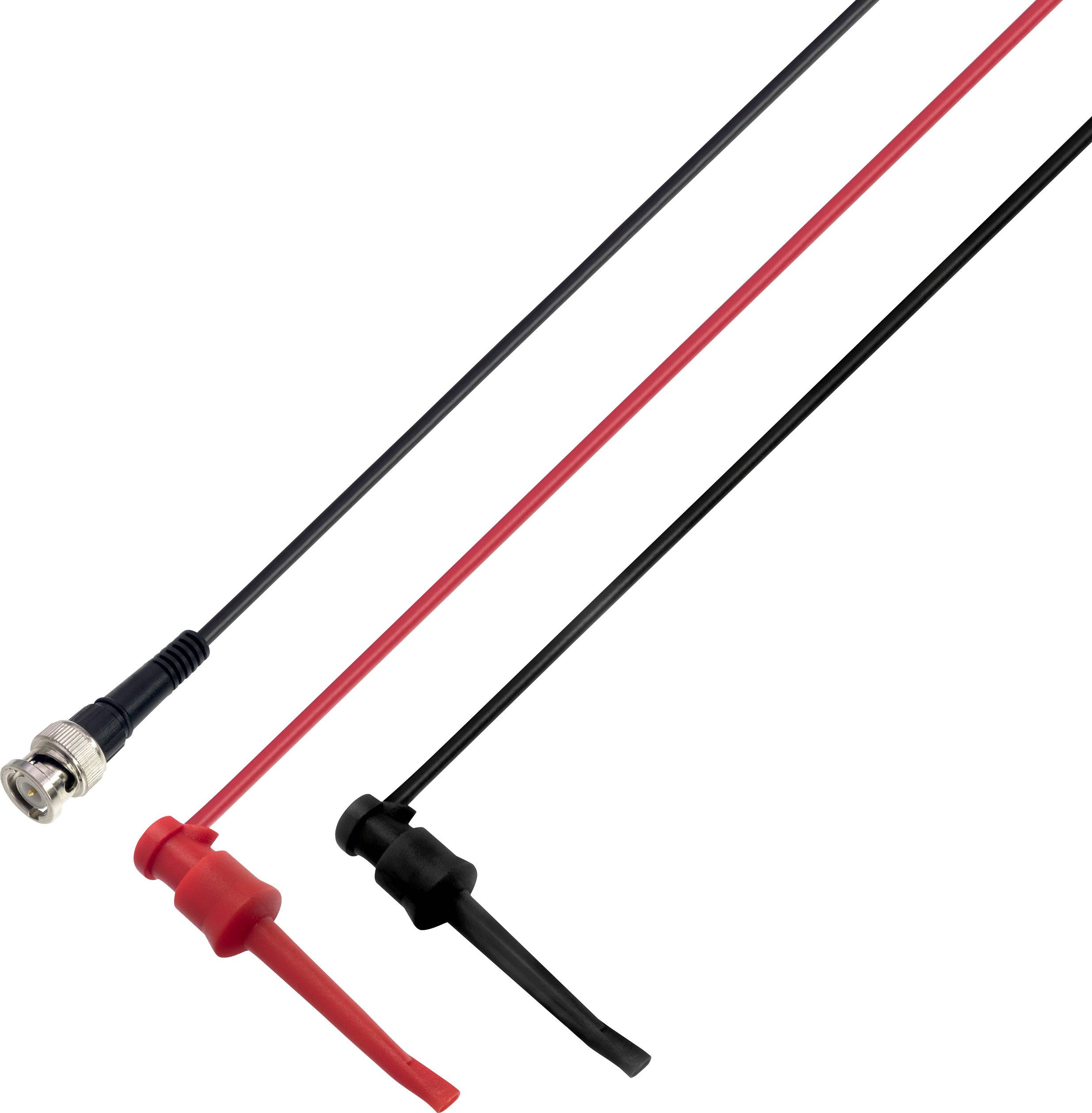 Rote und schwarze Prüfspitzen mit BNC-Stecker, die in elektronischen Messgeräten zur Übertragung von Signalen verwendet werden.