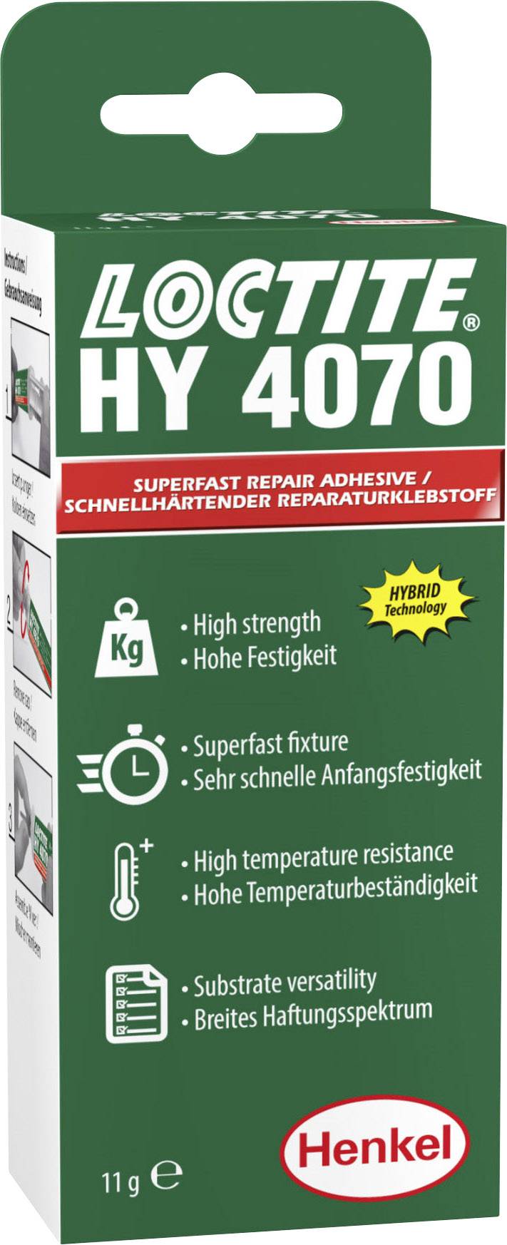 'Verpackung von Loctite HY 4070, einem schnellhärtenden Reparaturklebstoff mit hoher Festigkeit und Temperaturbeständigkeit, 11 g.'