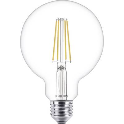 Eine transparente Glühbirne mit erkennbaren Filamenten und der Marke 'Philips' auf dem Sockel, symbolisiert Energieeffizienz.