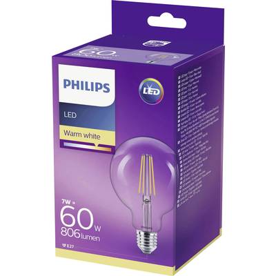 Verpackung einer Philips LED-Lampe, 7W, entspricht 60W, warmweißes Licht, 806 Lumen, E27-Fassung.