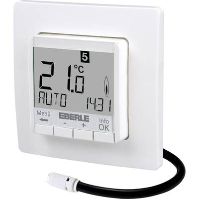 Digitales Thermostat zeigt 21°C, Auto-Modus, Zeit 14:31. Bedientasten unten: 'Menü', '+', '-', 'Info OK'. Wandmontage.