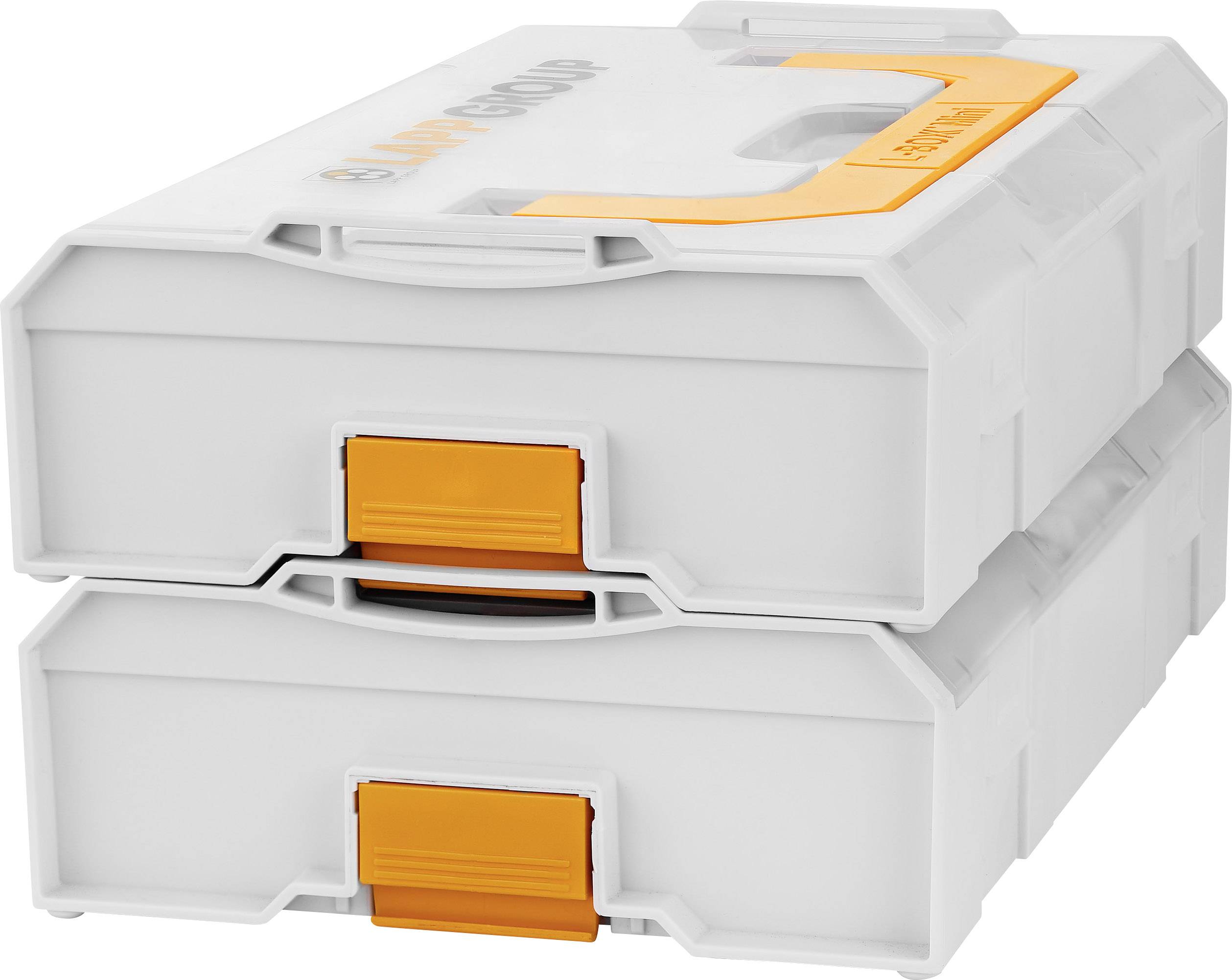 Zwei gestapelte weiße Kunststoffkoffer mit orangefarbenen Verschlüssen, die zur Aufbewahrung und zum Transport von Werkzeugen verwendet werden.