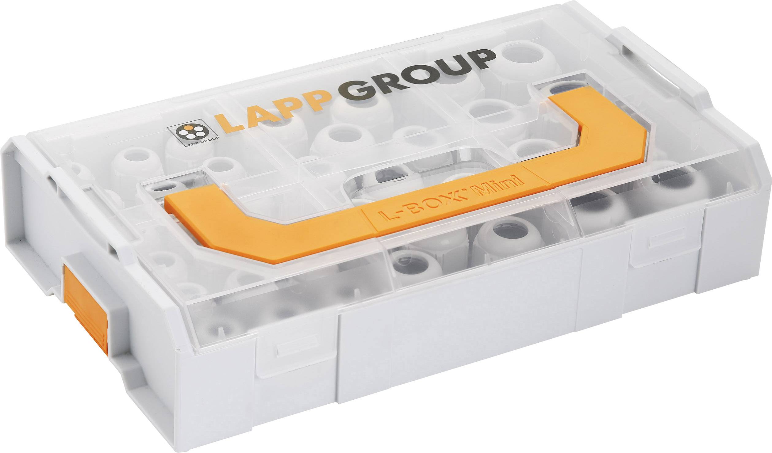 Transparente Aufbewahrungsbox mit orangem Griff, beschriftet mit 'LAPP GROUP', enthält kleine, runde Bauteile.