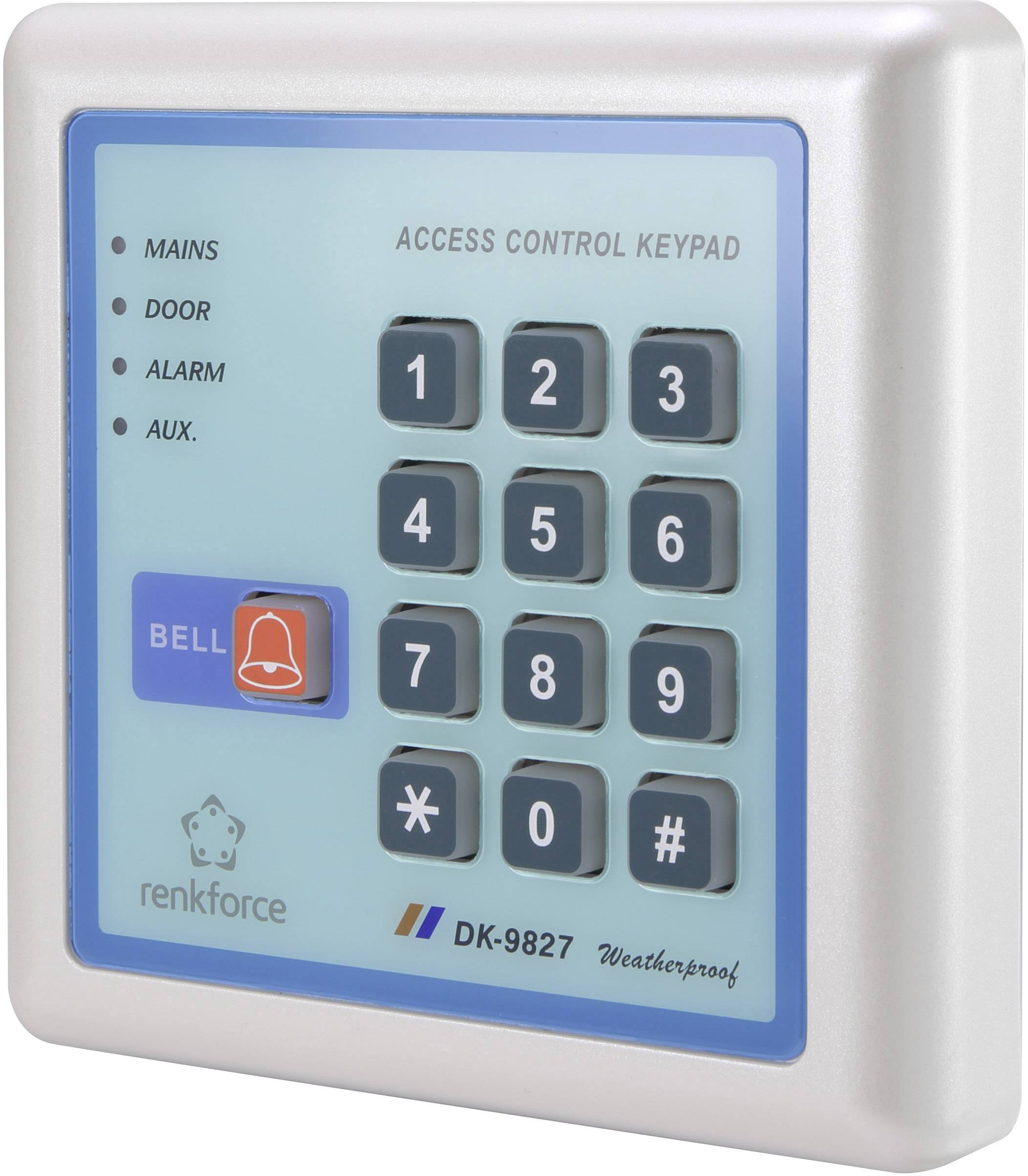 'Elektronische Zugangskontrolle: Tastenfeld mit Zahlen 0-9, Glockenknopf unten links, und Systemstatus-LEDs für Mains, Door, Alarm, Aux.'